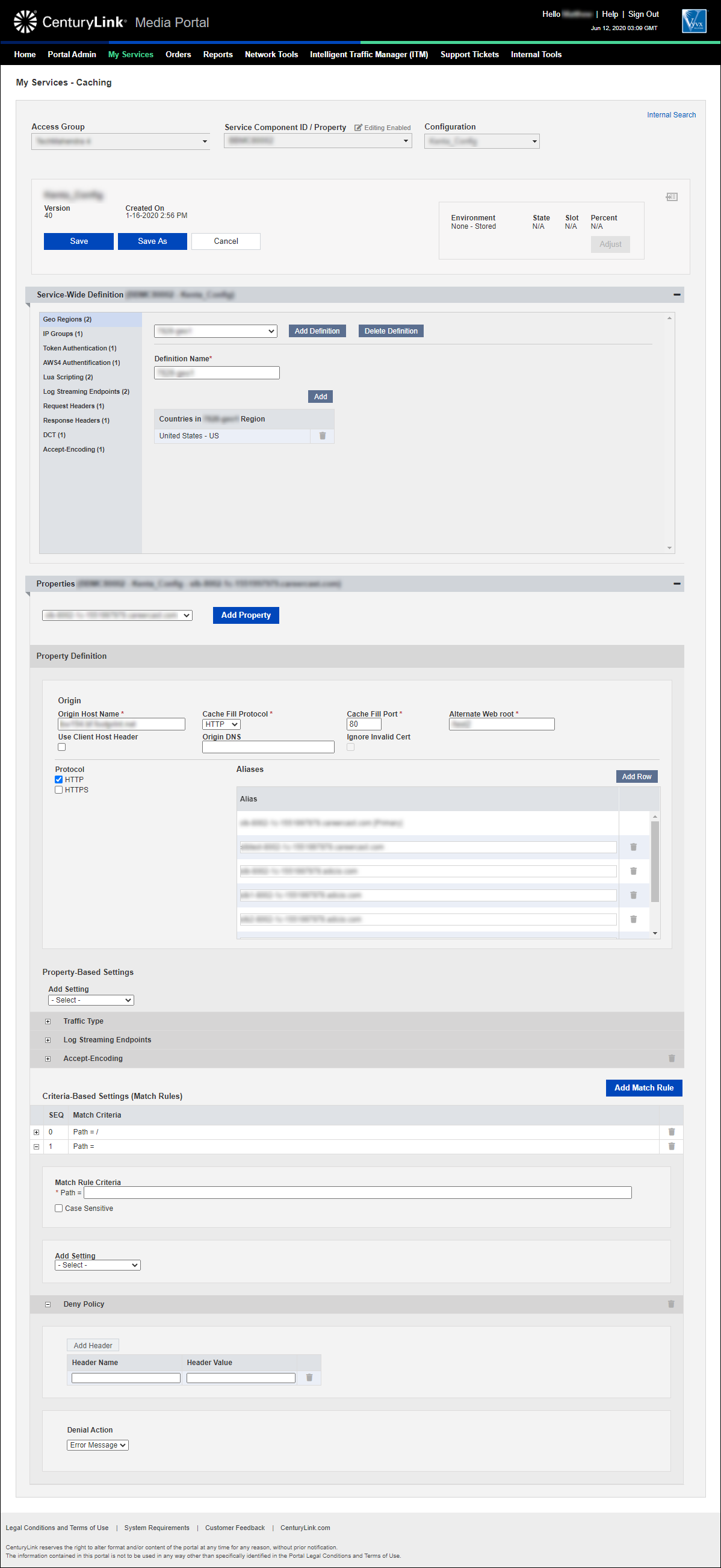 my services caching-add configuration property selected add match rule add setting deny policy.