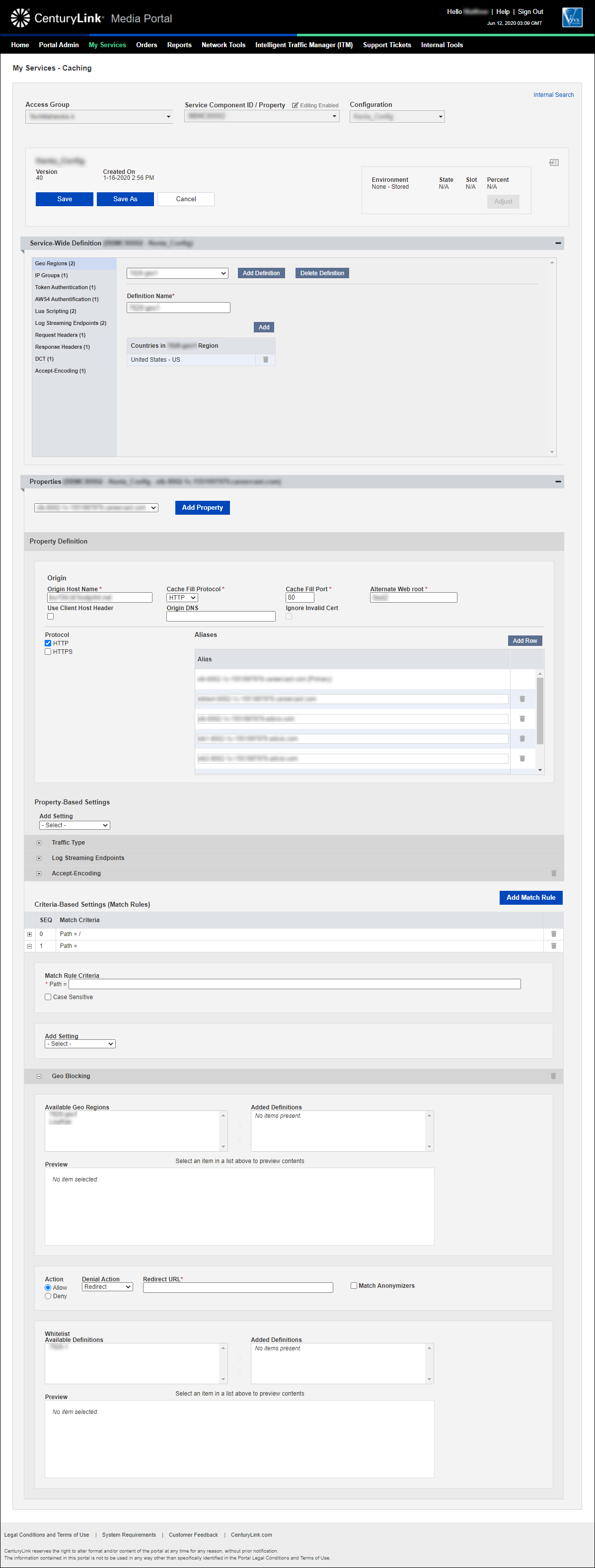 my-services caching add configuration property selected add match rule add setting geo blocking