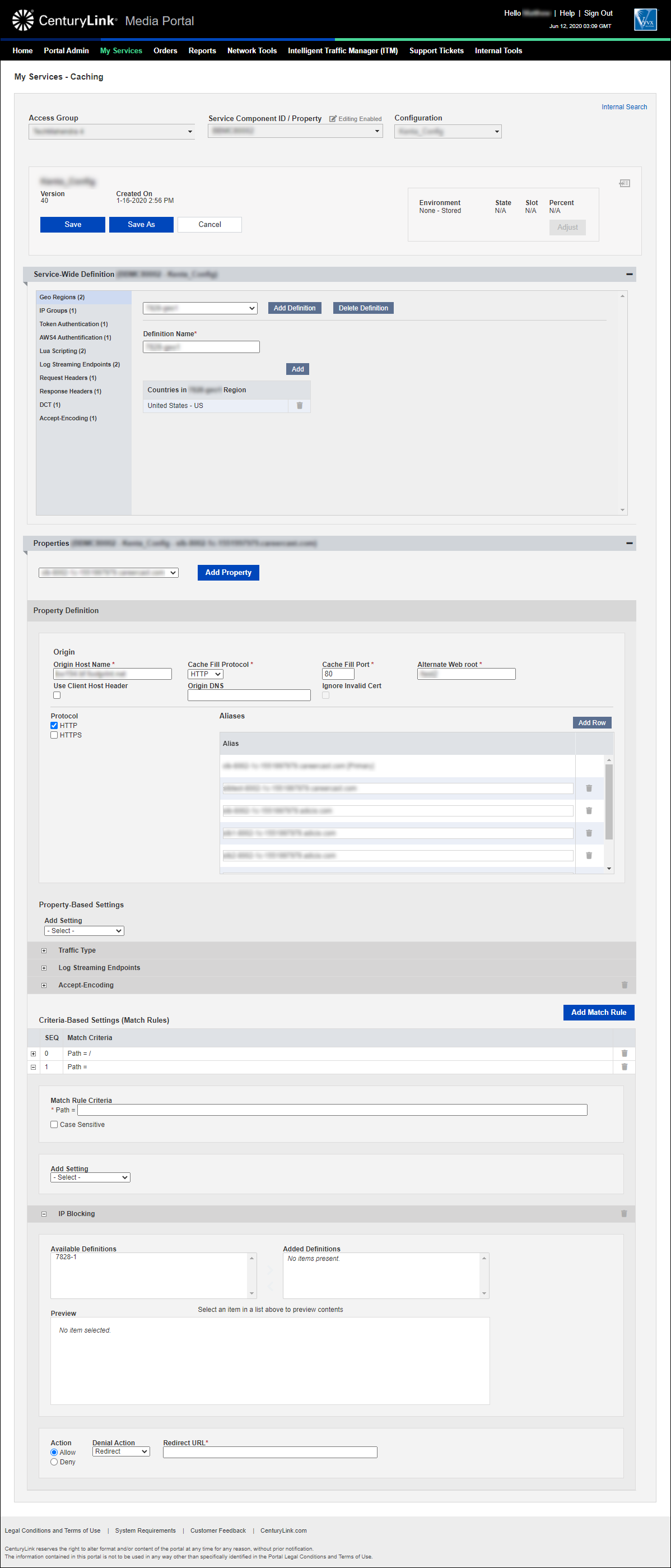 my services caching add configuration property selected add match rule add setting ip blocking