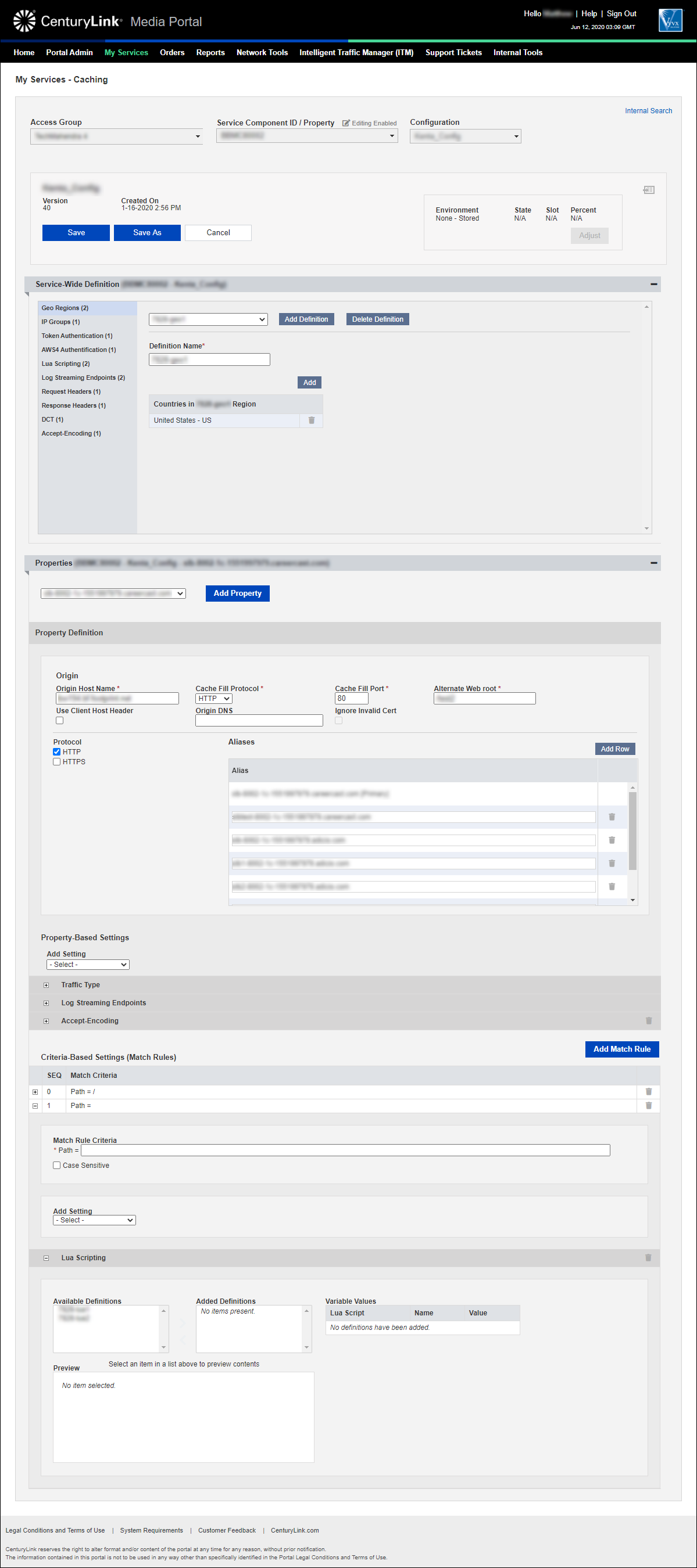 my services caching add configuration property selected add match rule add setting lua scripting