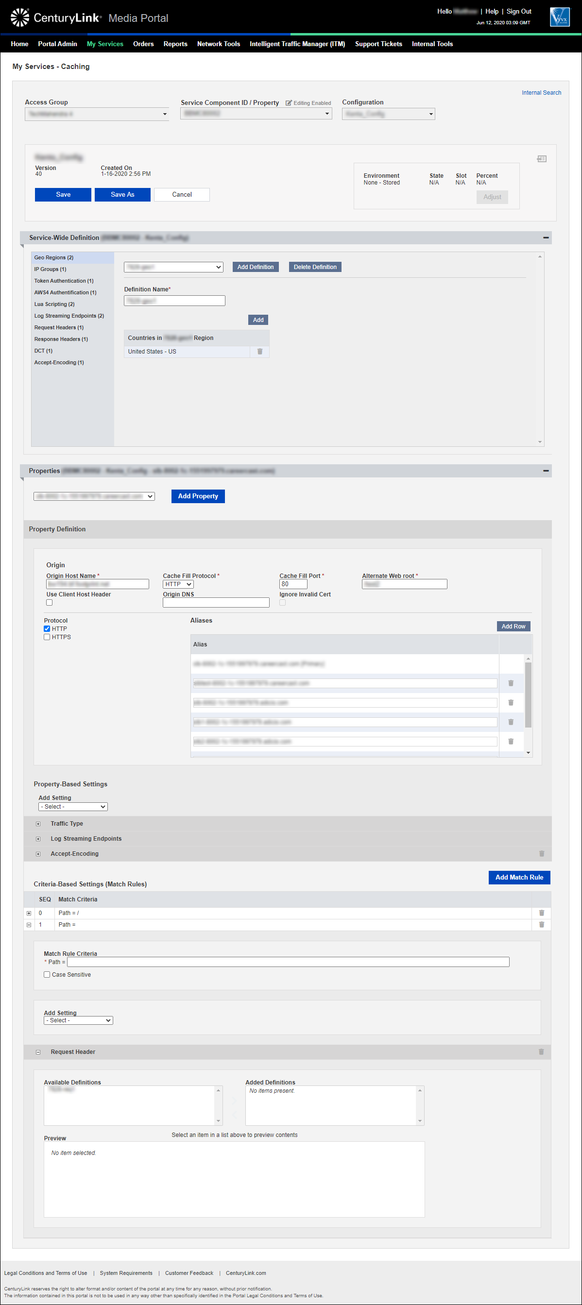 my services caching add configuration property selected add match rule add setting request header