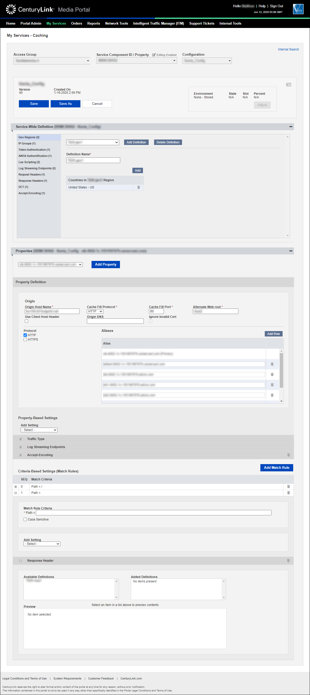 my services caching add configuration property selected add match rule add setting response header