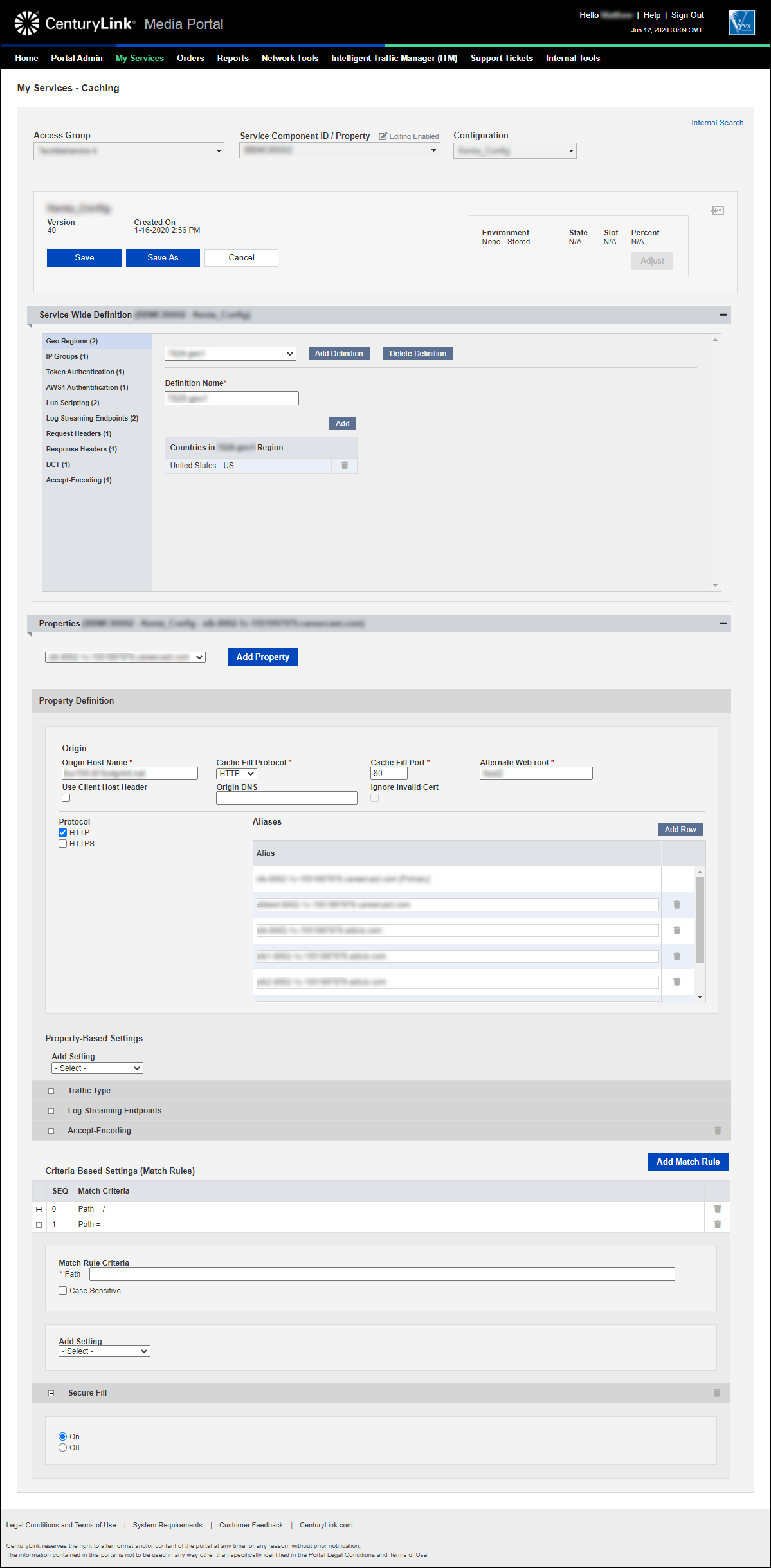 my services caching add configuration property selected add match rule add setting secure fill