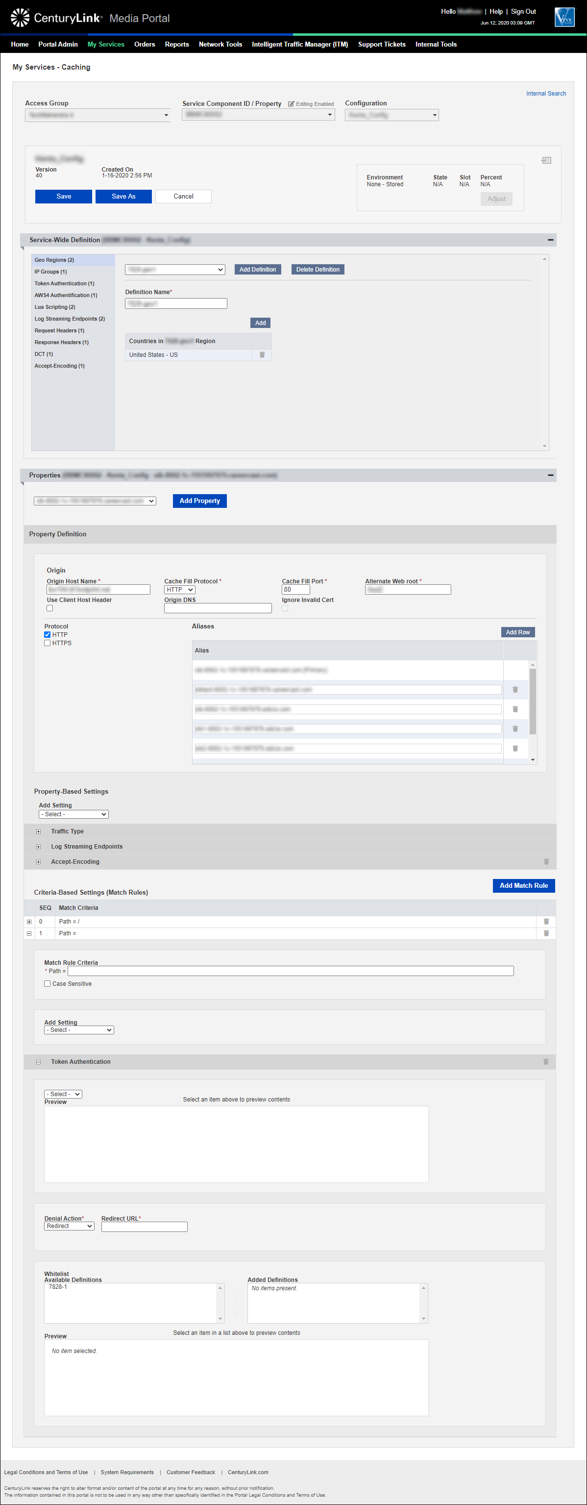 my services caching add configuration property selected add match rule add setting token authentication