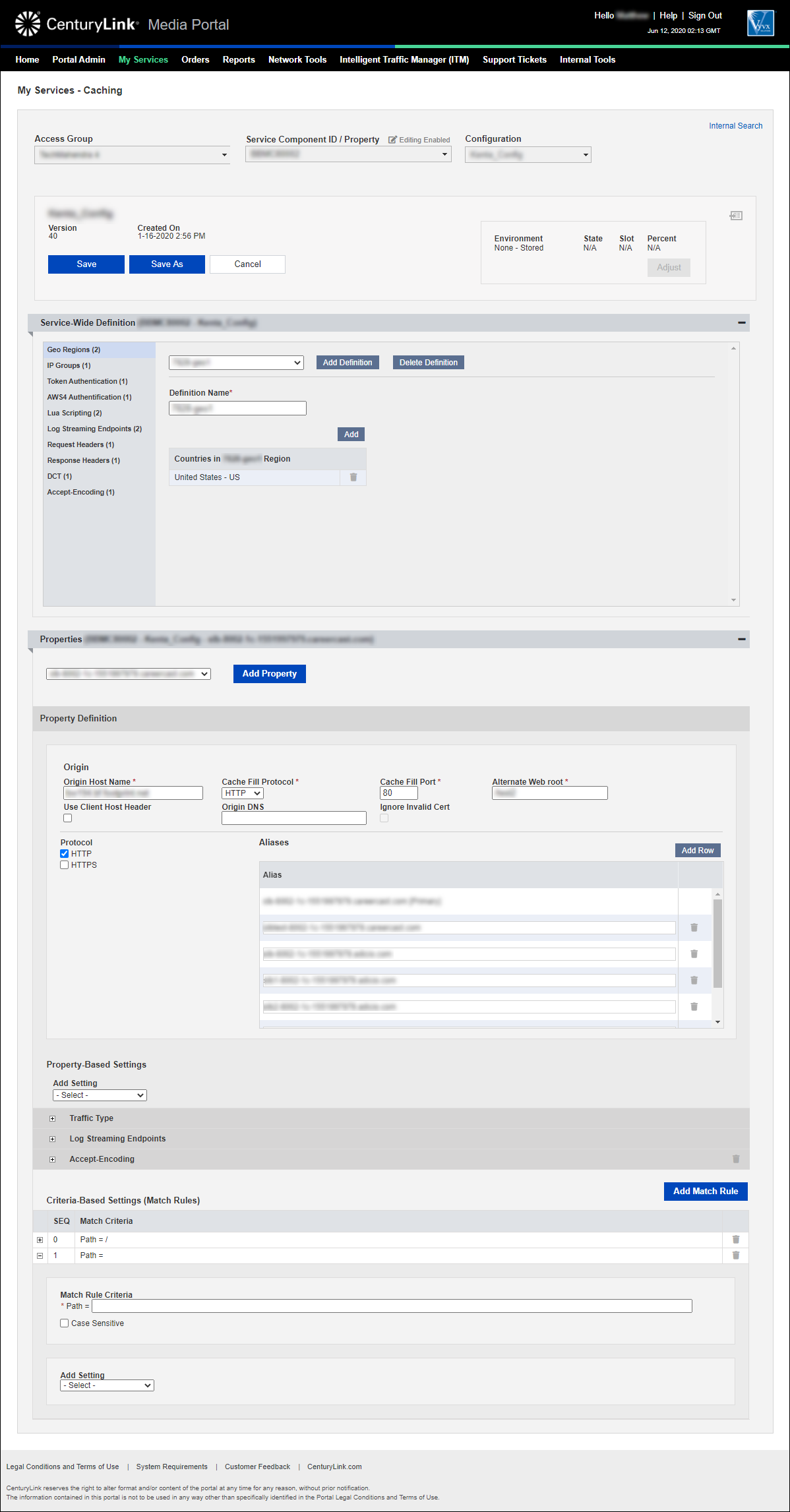 my services caching add configuration property selected add match rule