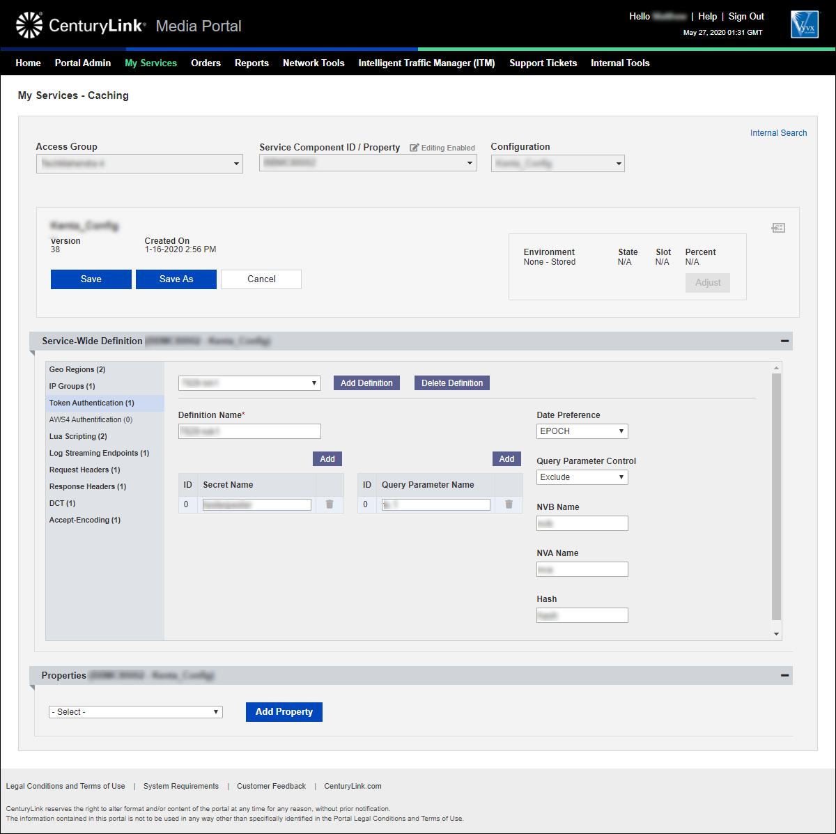 my services caching add configuration token authentication