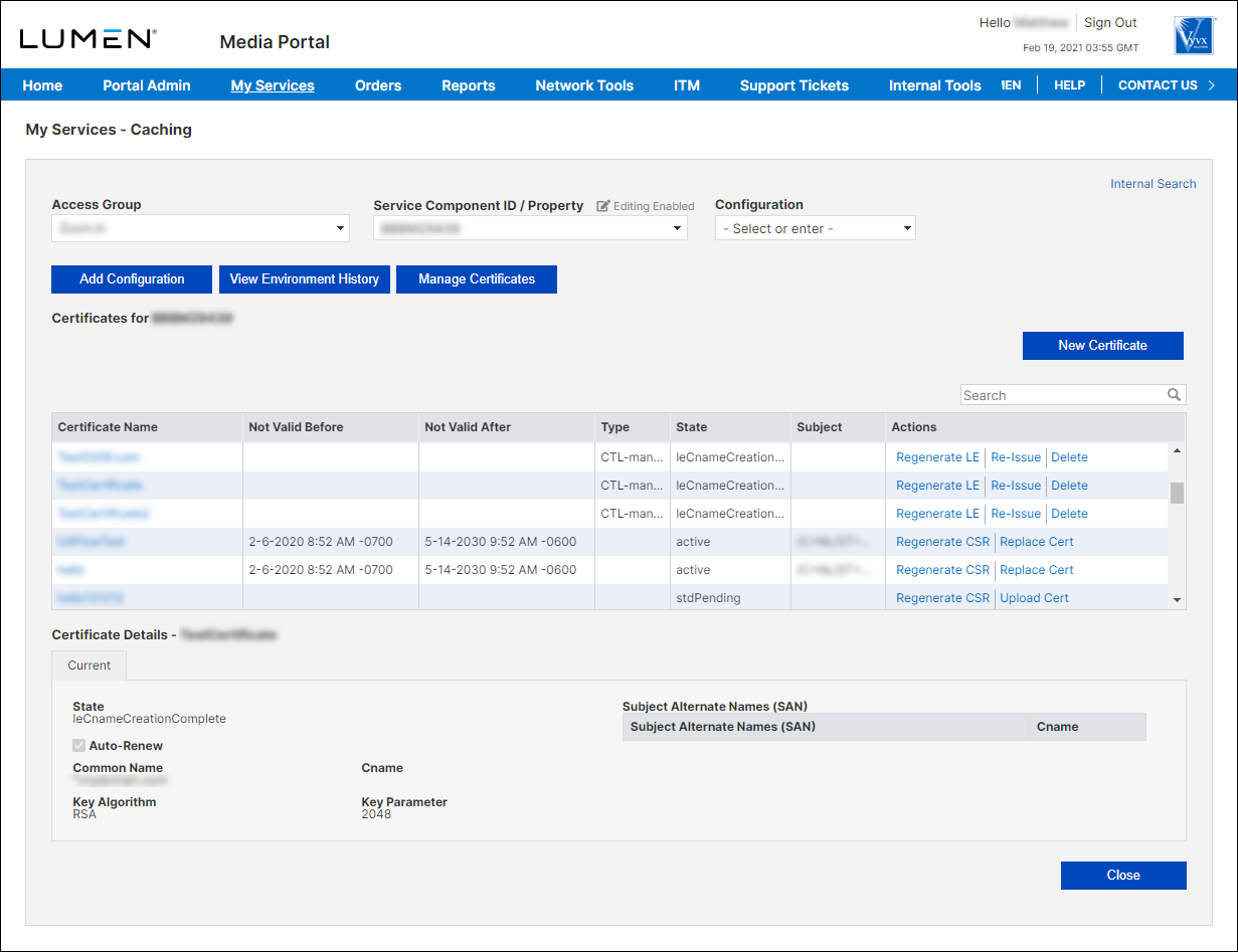 My Services - Caching (Manage Certificates showing certificate details)