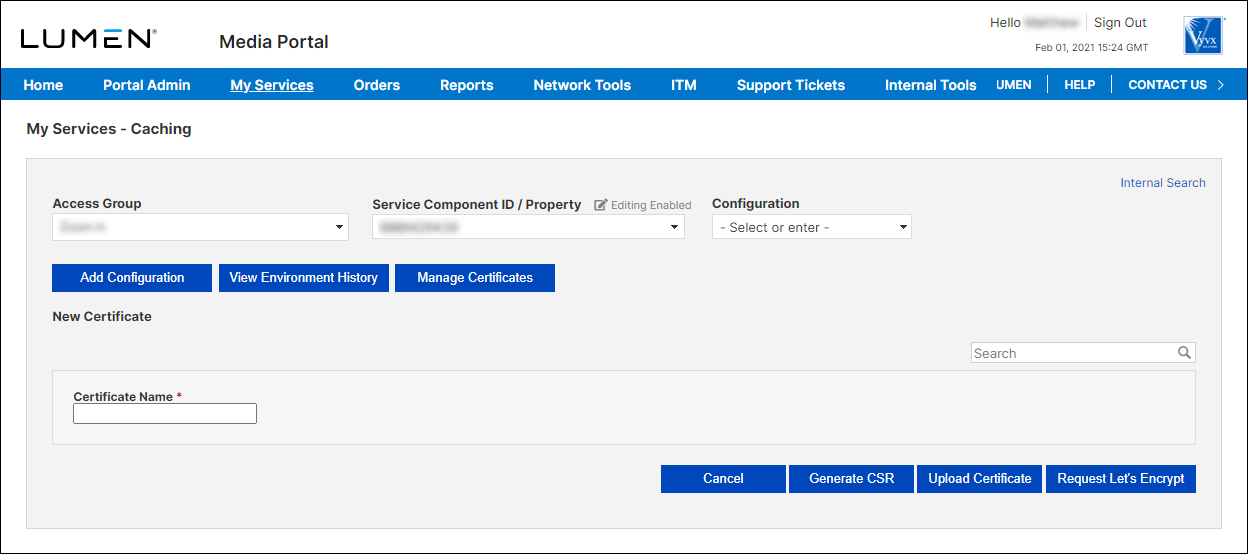 my services caching manage certificates new certificate