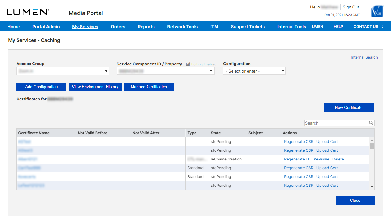 My Services - Caching (Manage Certificates)