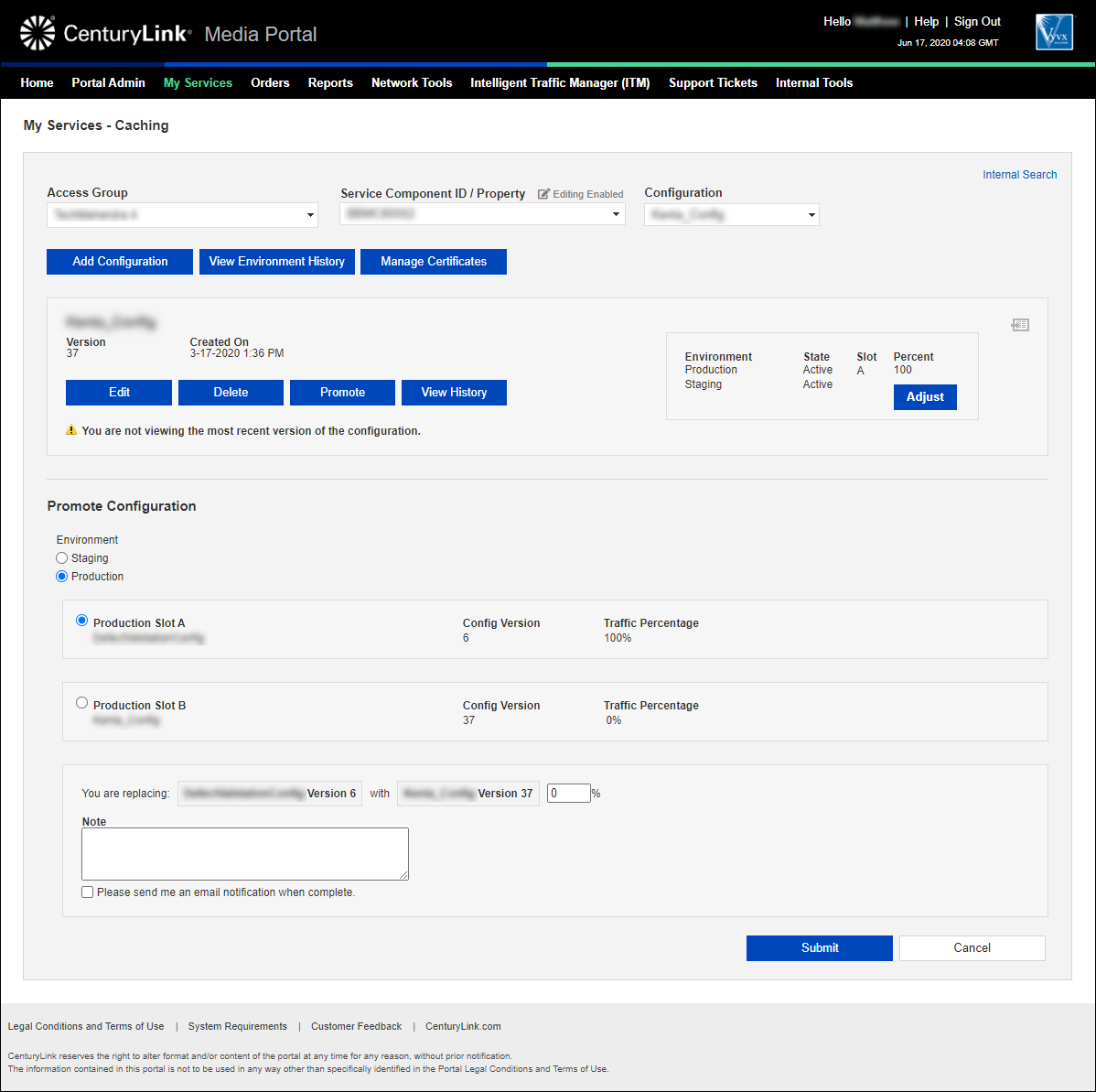 My Services - Caching (showing a configuration with slot B enabled)