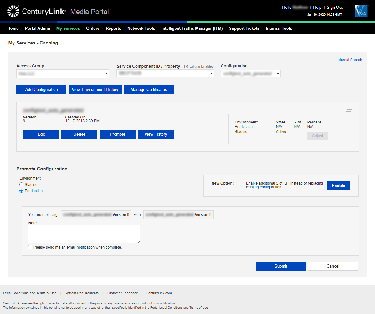 my services caching promote configuration production selected showing enable