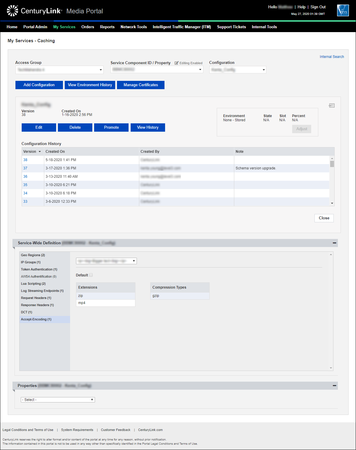 my services caching view config history