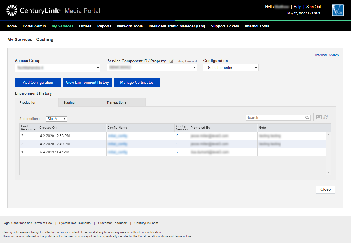 my services caching view environment history production tab