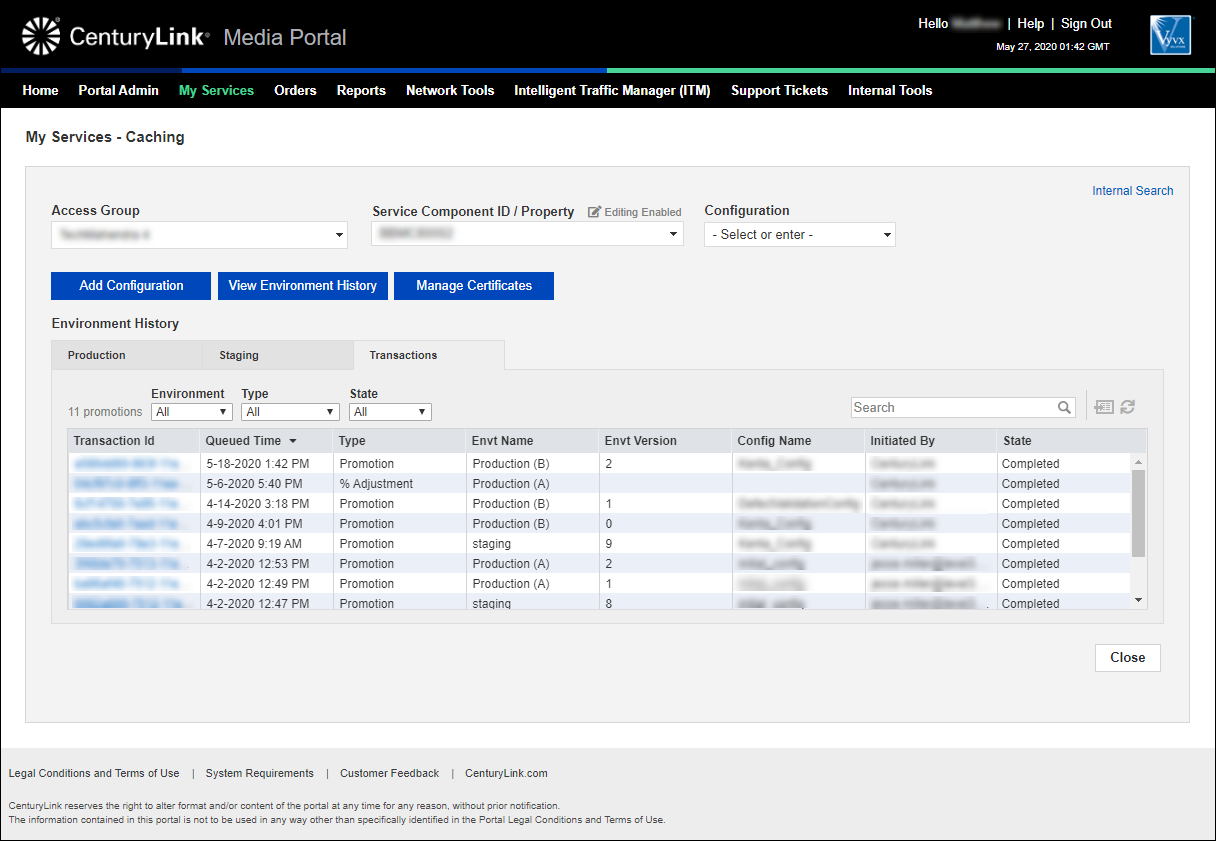 my services caching view environment history transactions tab