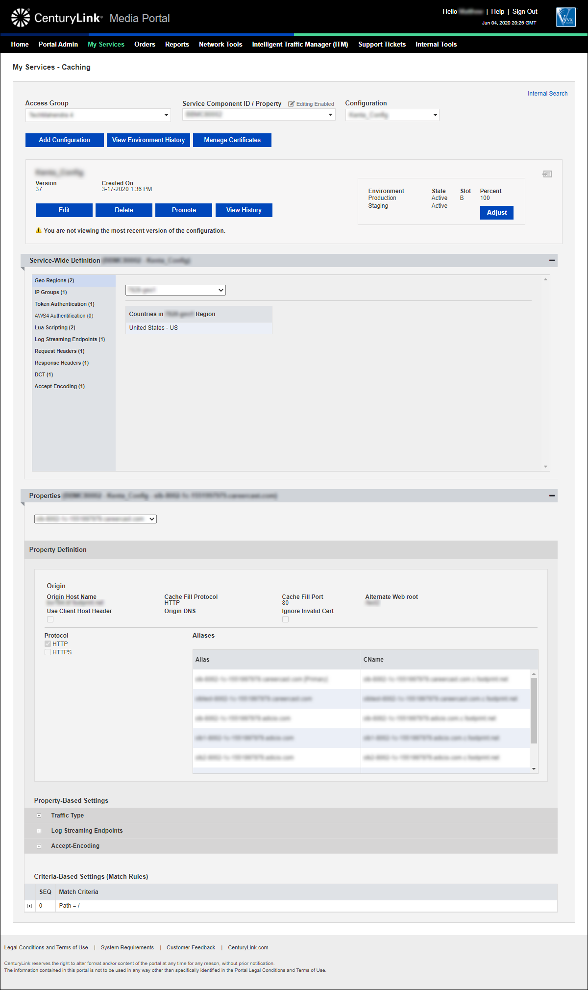 my services caching with scid and production configuration selected showing cname for property