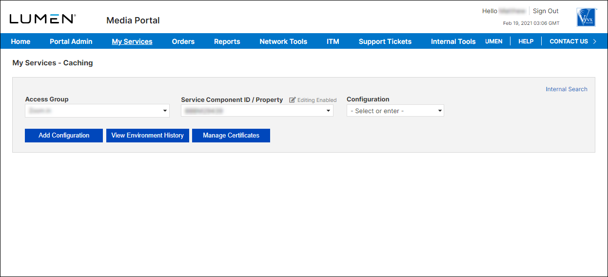 My Services - Caching (with SCID selected)