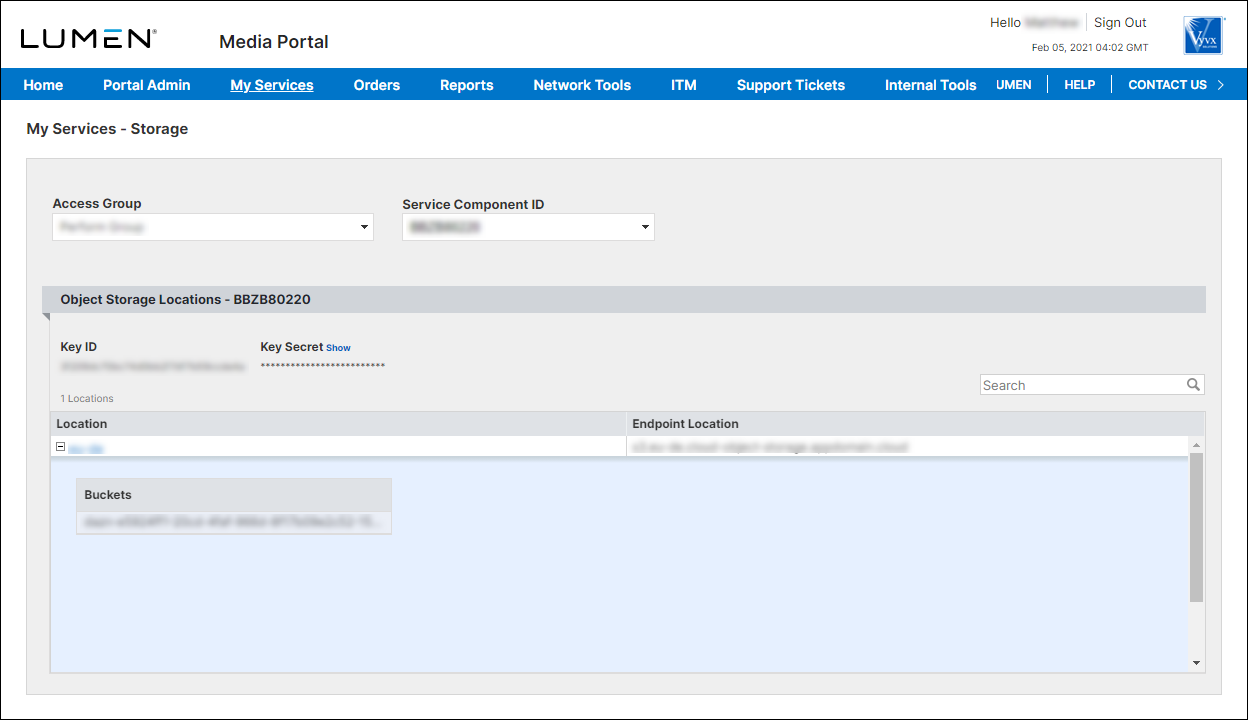 My Service - Storage (showing Object Storage account details)