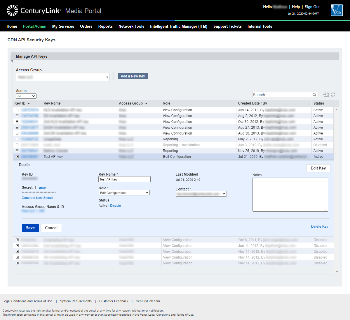 CDN API Security Keys (showing key detail after selecting Edit)