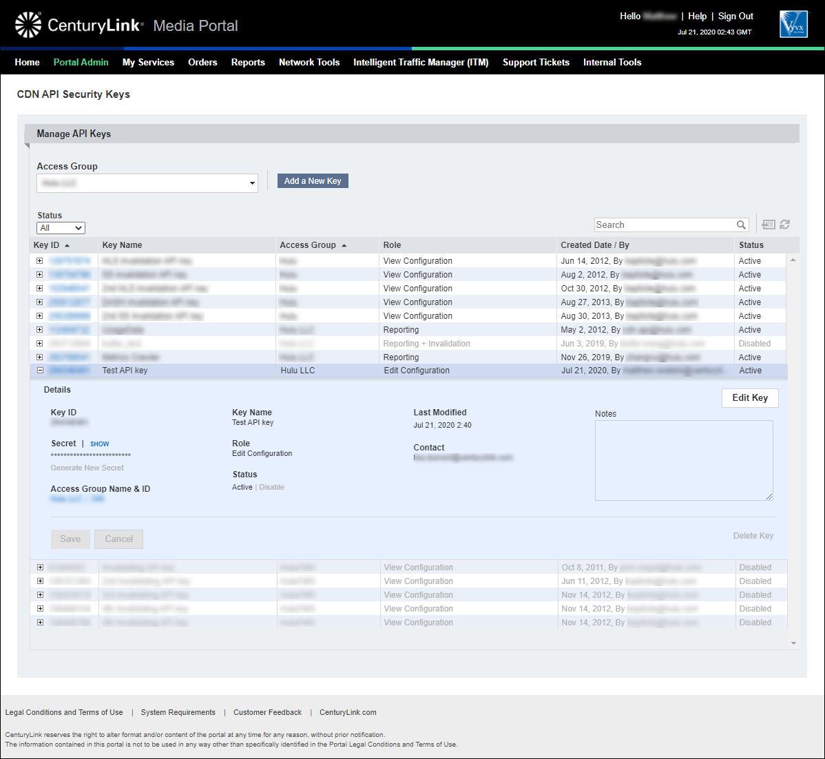 CDN API Security Keys (showing key detail)