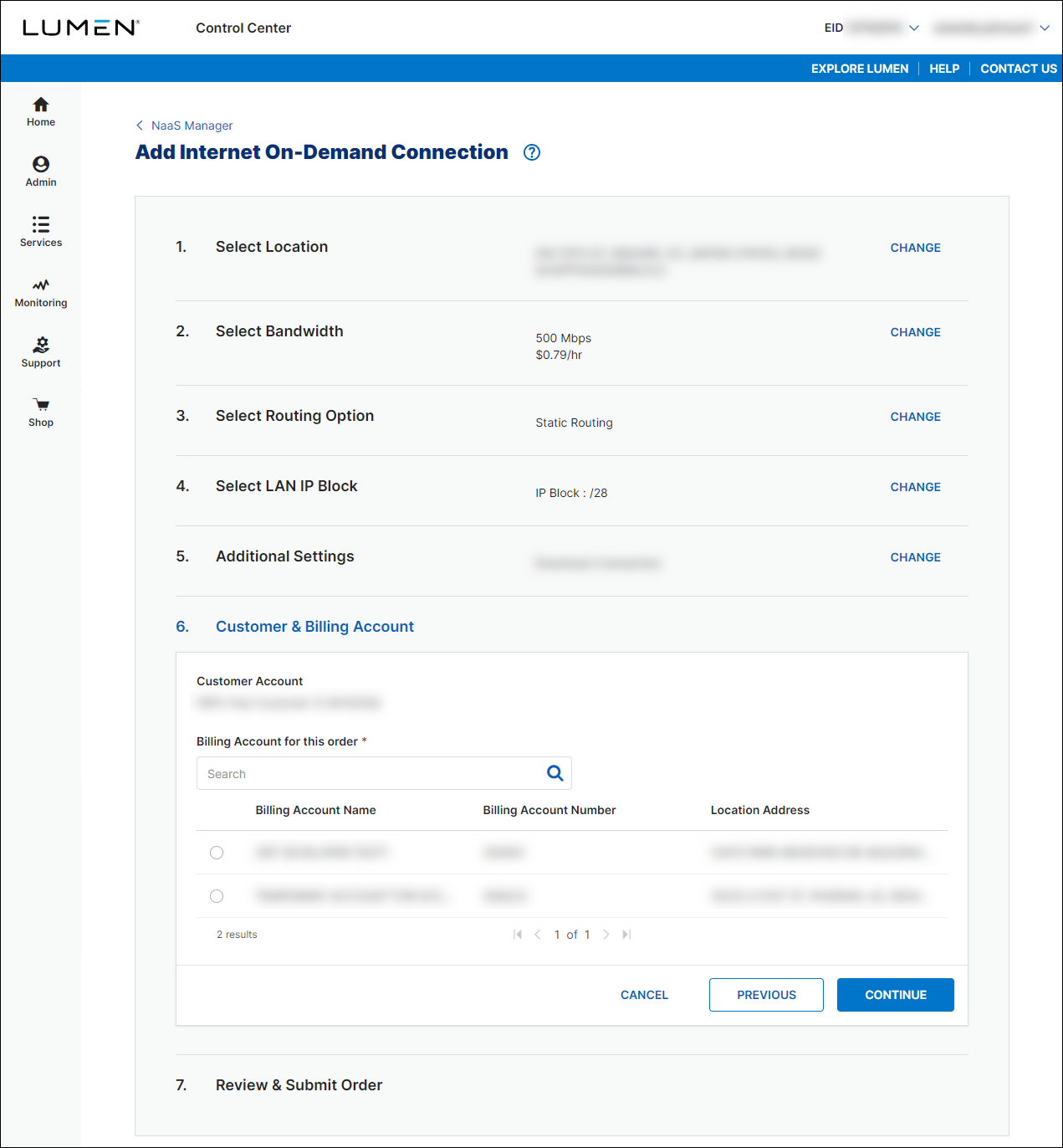 NaaS Internet On-Demand customer site/building billing account