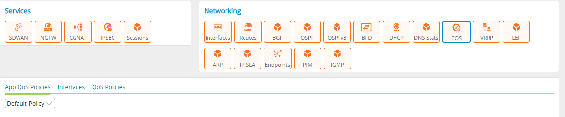 Monitor tab (showing CoS showing App QoS Policies for an appliance)