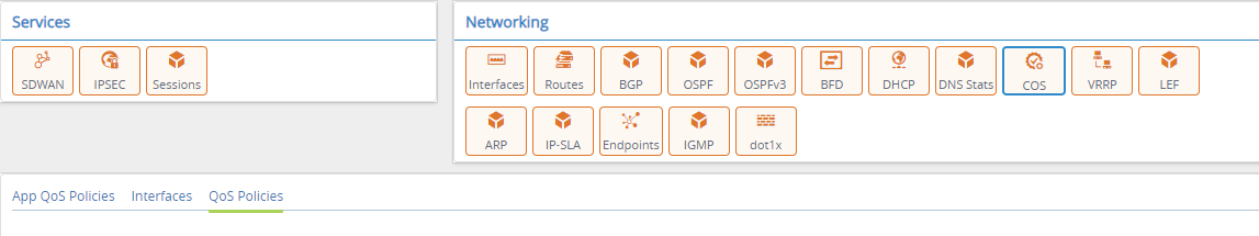 Monitor tab (showing CoS showing QoS Policies for an appliance)